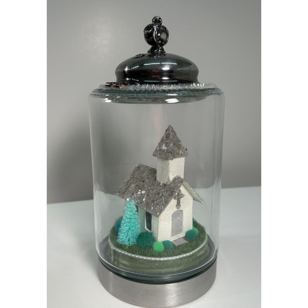 Putz Mini Church, Handmade Christian Keepsake, Glass Cloche Silver Holiday Decor